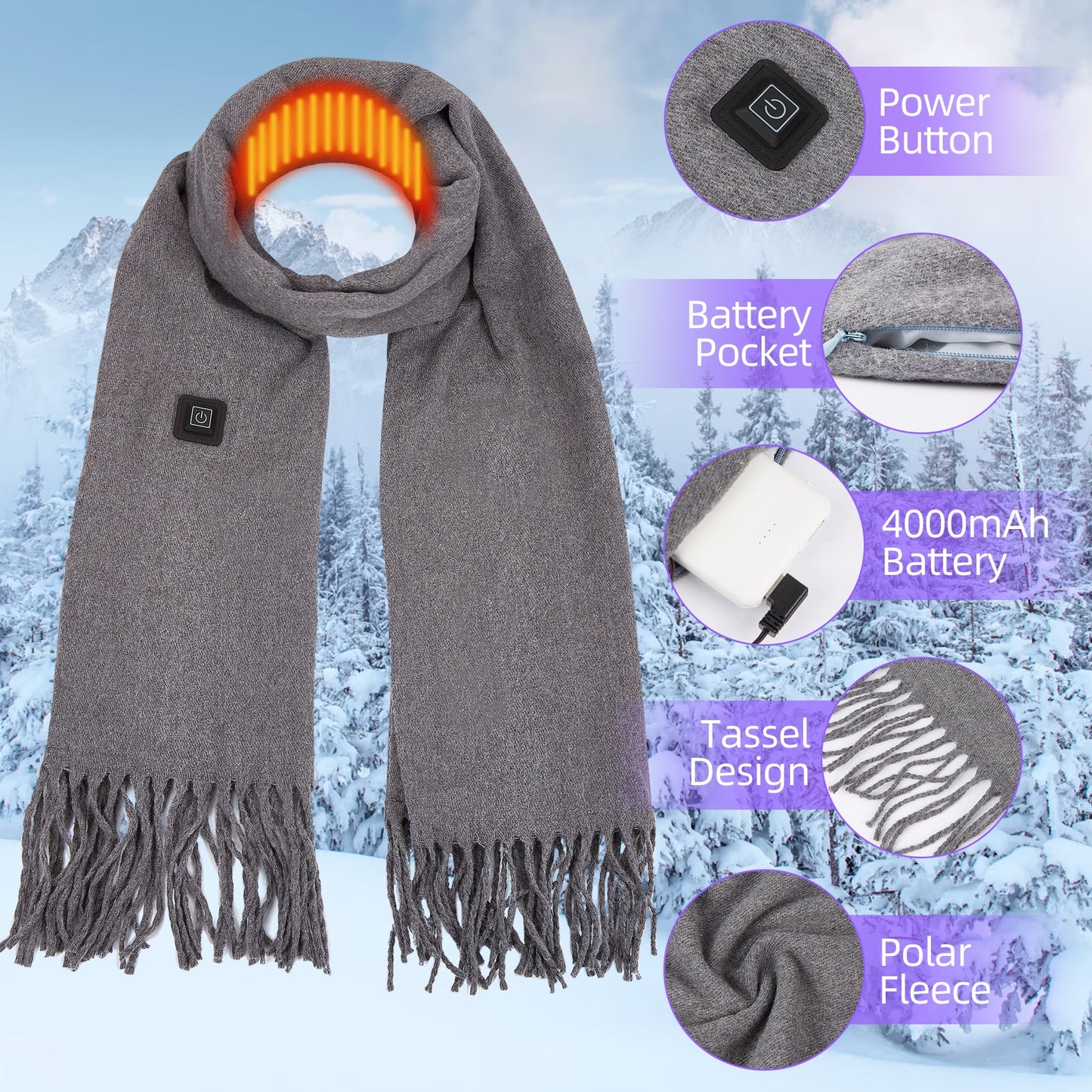 Heated Scarf for Women Men, USB Heating Scarf Long Shawl Warm Winter Electric Heated Neck Warmer Neck Heating Pad Scarves Cape,Tan