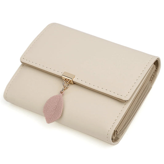 Small Wallet for Women PU Leather RFID Blocking Card Holder Zipper Coin Purse with Leaf Pendant(Khaki)