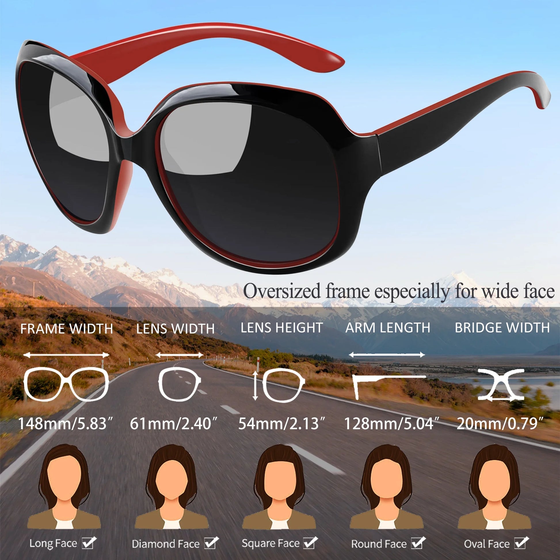 Polarized Sunglasses for Women, Ladies Oversized Sun Glasses UV Protection (Black Red)